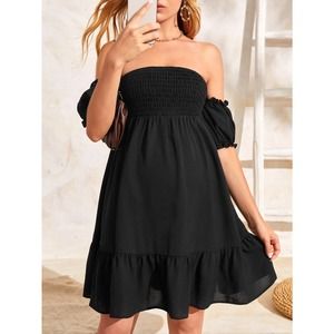 Maternity Shirred Off Shoulder Ruffle Hem Dress black
